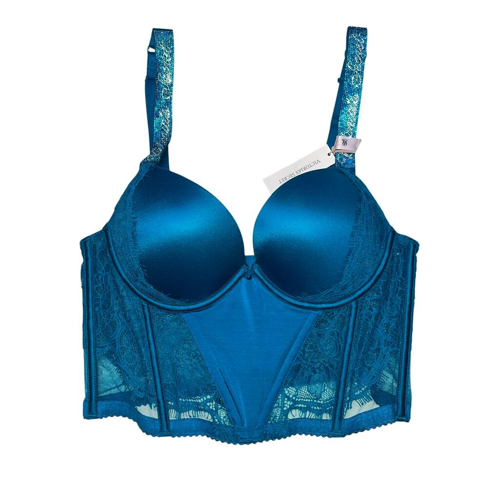 Victoria's Secret Shine Strap Corset Push Up Bra Top Evening Tide Blue Size 34C